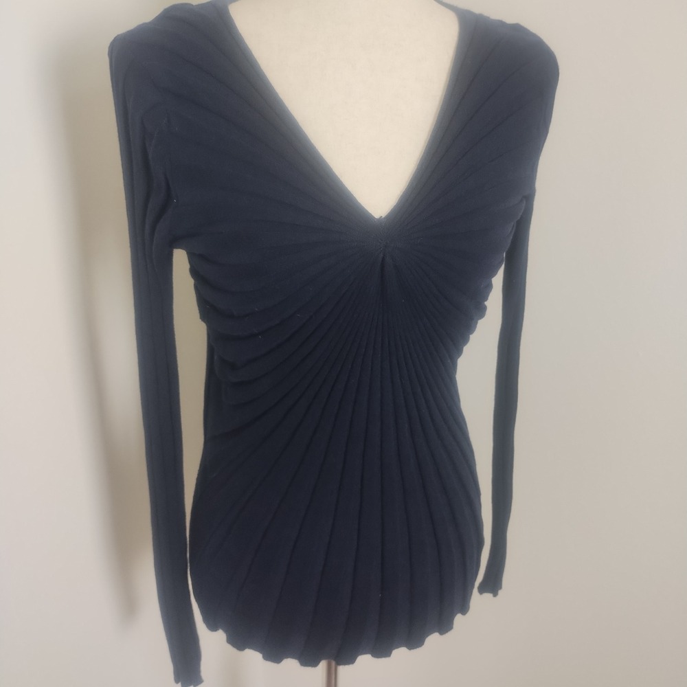 Sandro Justine Sweater Size 3 (Large) Navy Blue Sunburst Pleat Chic Parisian - Picture 2 of 9